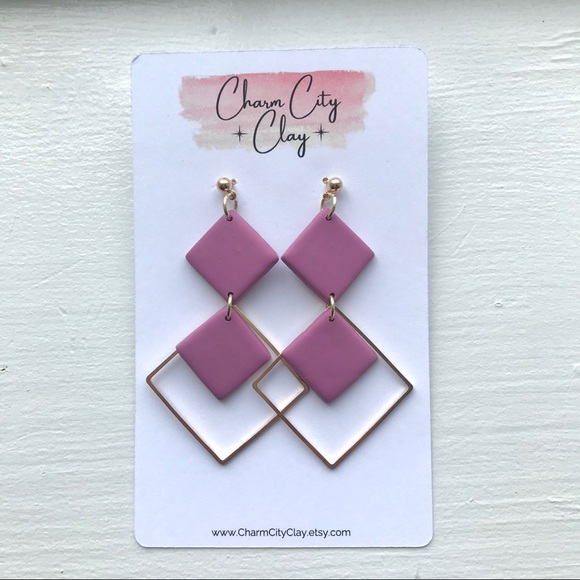 Mauve Square Polymer Clay Earrings - Picture 2 of 3